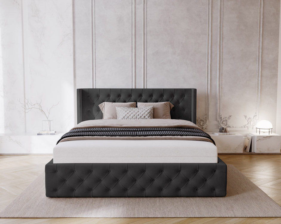 Designer gestoffeerd bed Celestia in fluweel met opbergruimte