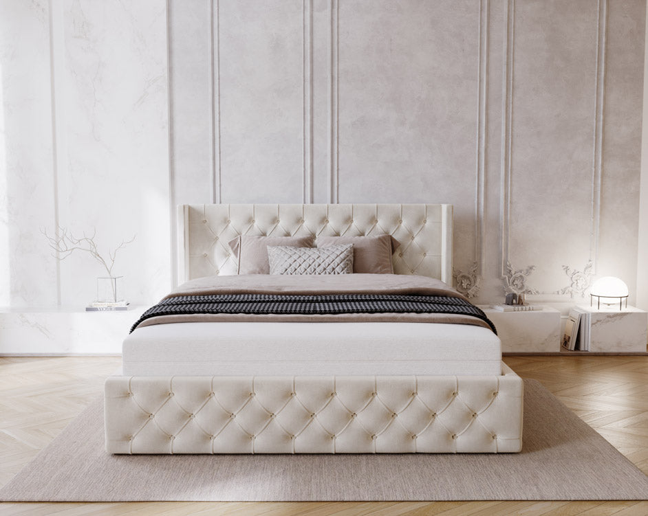 Designer gestoffeerd bed Celestia in fluweel met opbergruimte