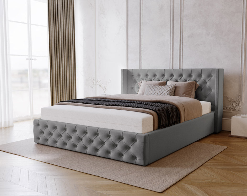 Designer gestoffeerd bed Celestia in fluweel met opbergruimte