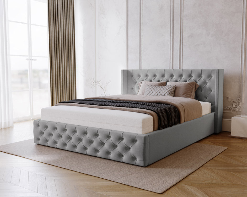 Designer gestoffeerd bed Celestia in fluweel met opbergruimte