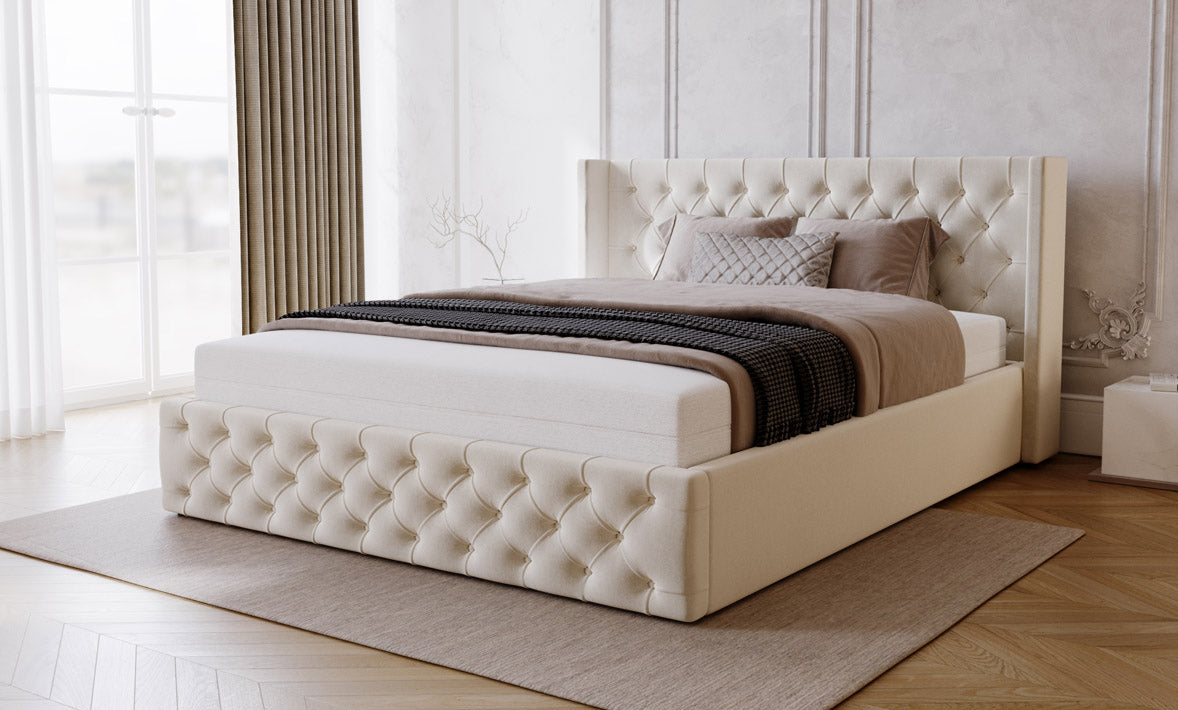 Designer gestoffeerd bed Celestia in fluweel met opbergruimte