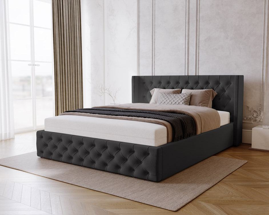 Designer gestoffeerd bed Celestia in fluweel met opbergruimte