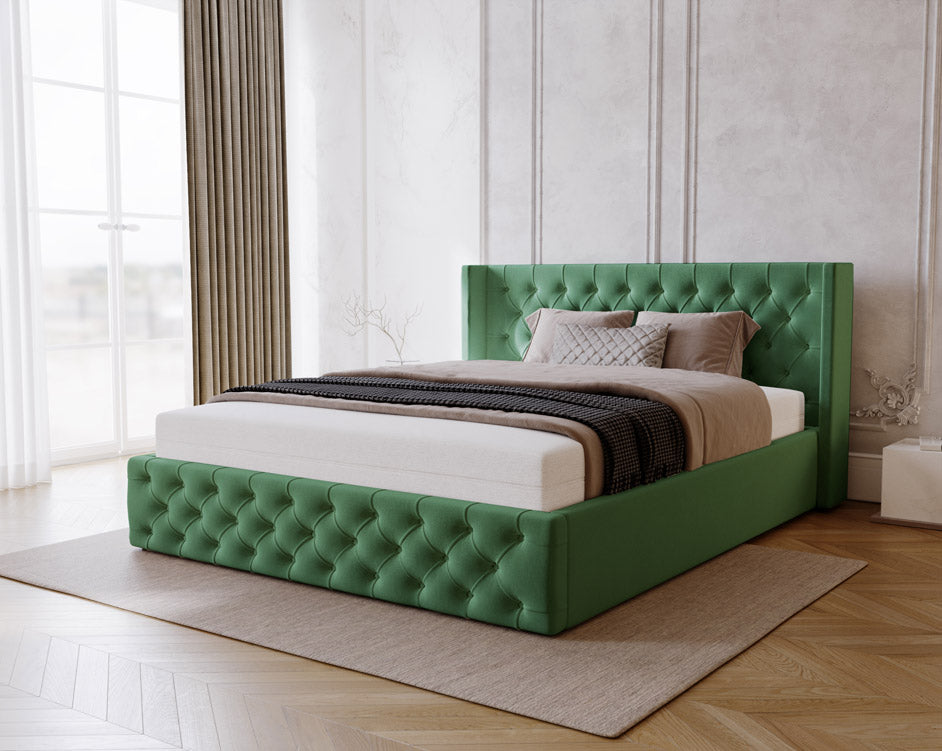 Designer gestoffeerd bed Celestia in fluweel met opbergruimte