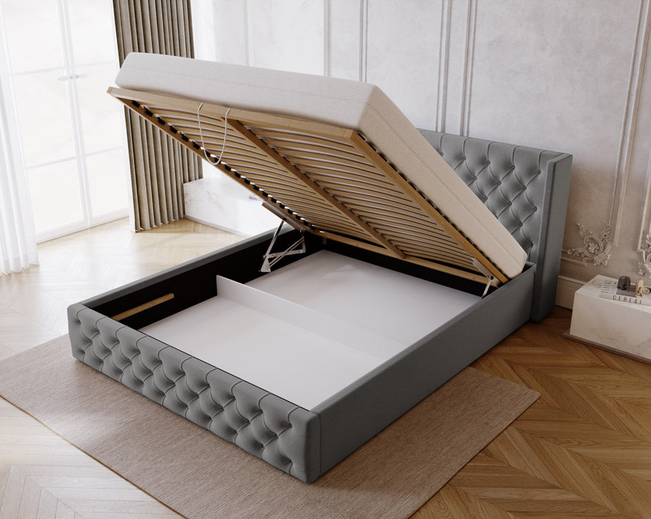 Designer gestoffeerd bed Celestia in fluweel met opbergruimte