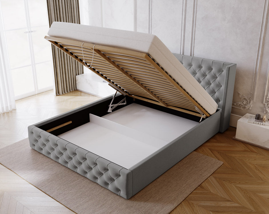 Designer gestoffeerd bed Celestia in fluweel met opbergruimte