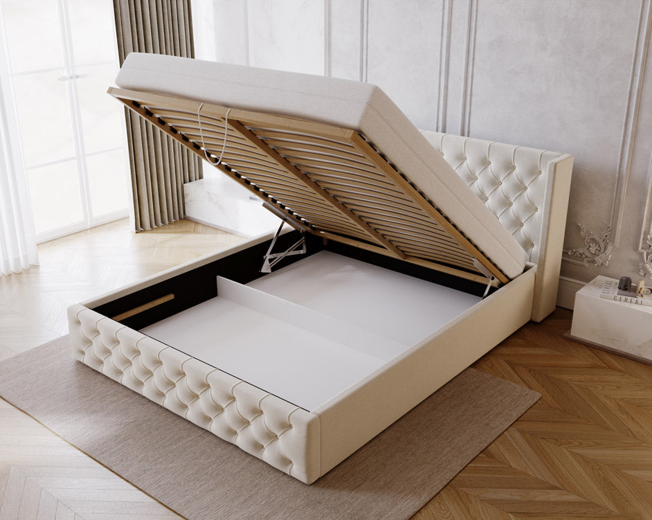 Designer gestoffeerd bed Celestia in fluweel met opbergruimte