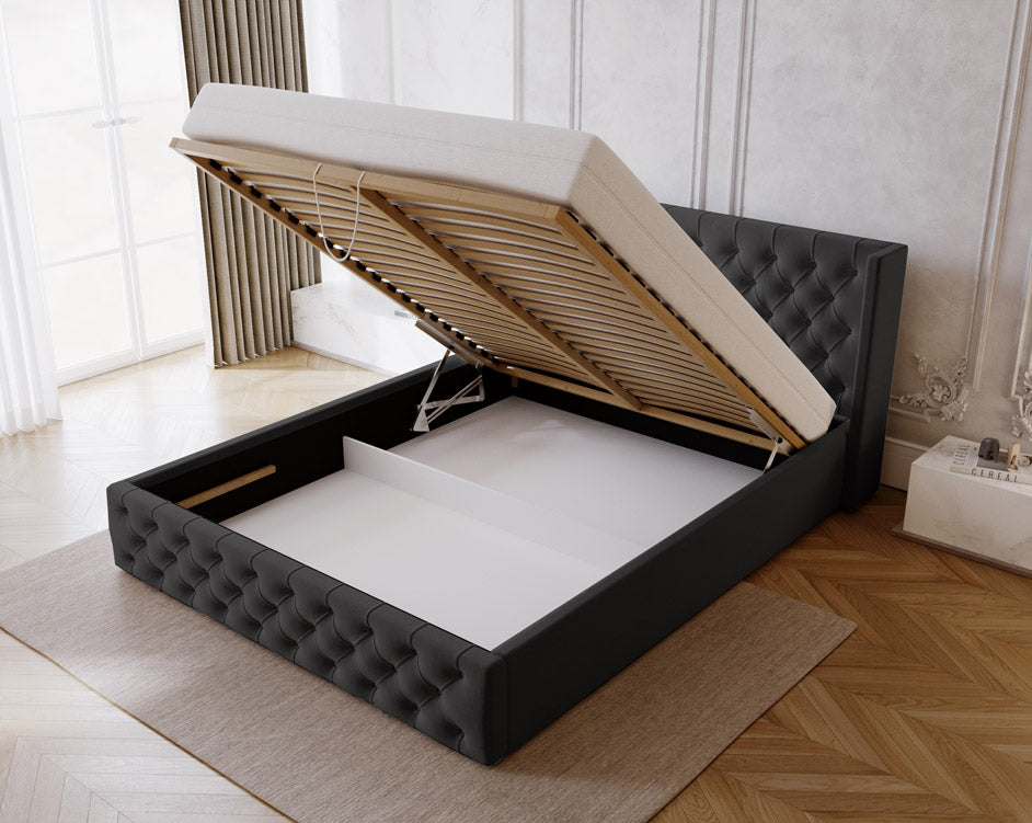 Designer gestoffeerd bed Celestia in fluweel met opbergruimte