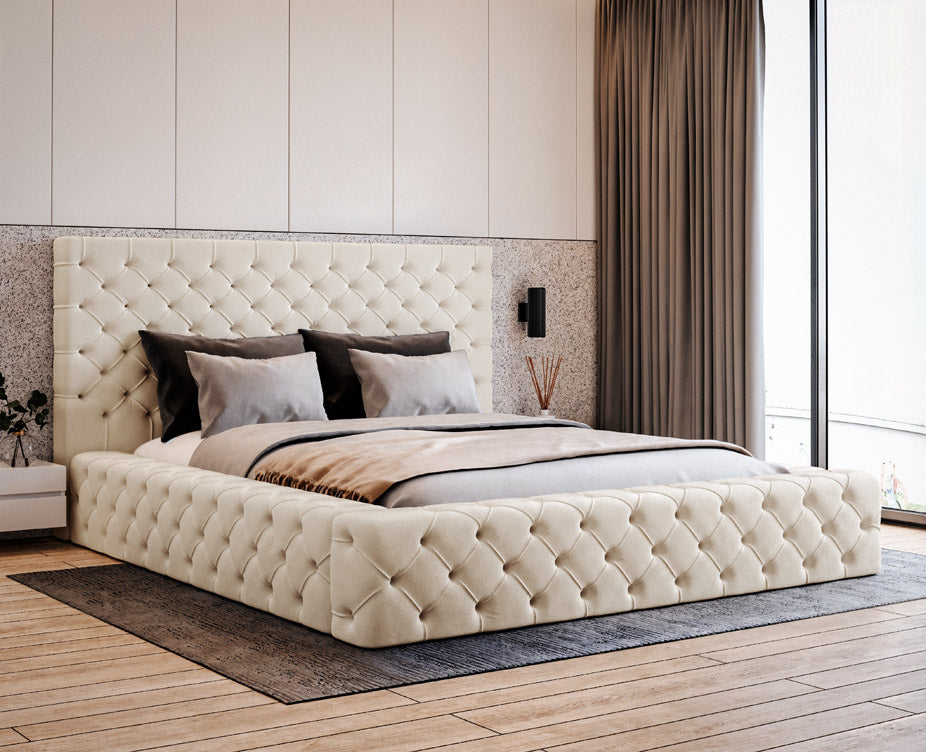 Designer gestoffeerd bed Prestige in fluweel met opbergruimte