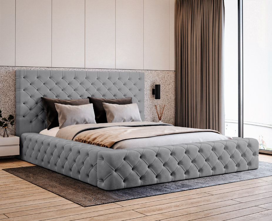 Designer gestoffeerd bed Prestige in fluweel met opbergruimte