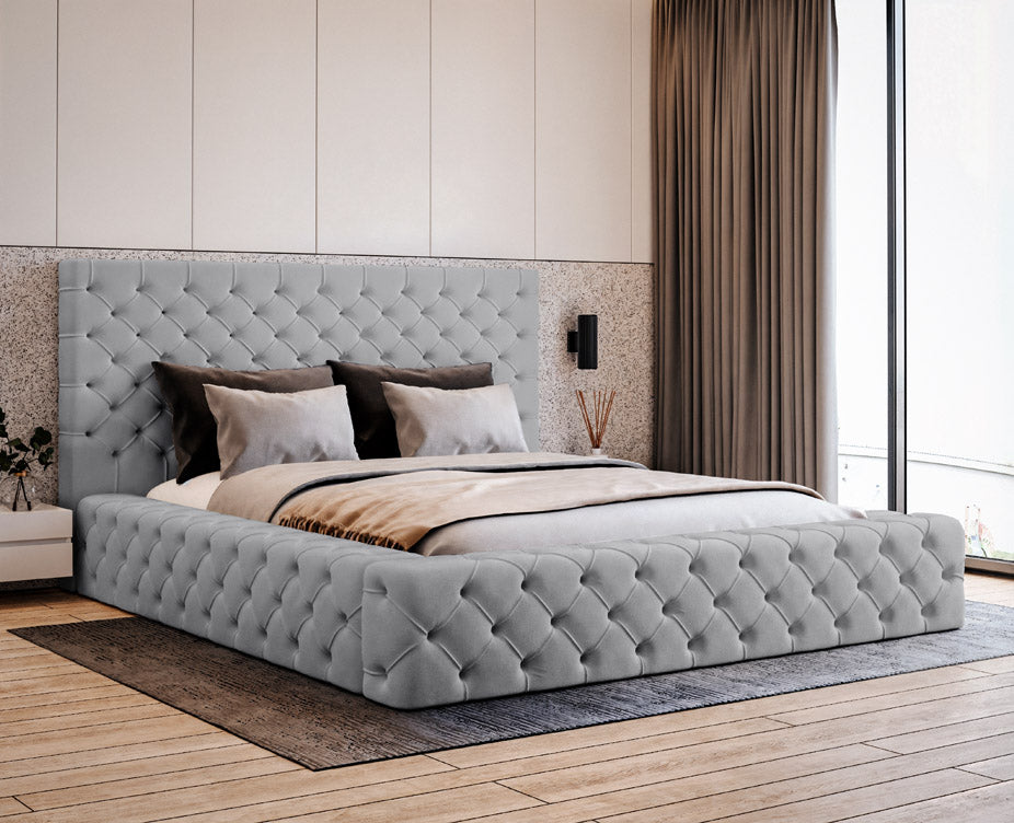 Designer gestoffeerd bed Prestige in fluweel met opbergruimte