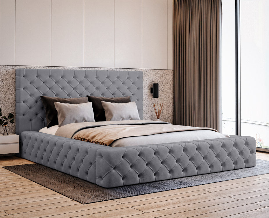 Designer gestoffeerd bed Prestige in fluweel met opbergruimte