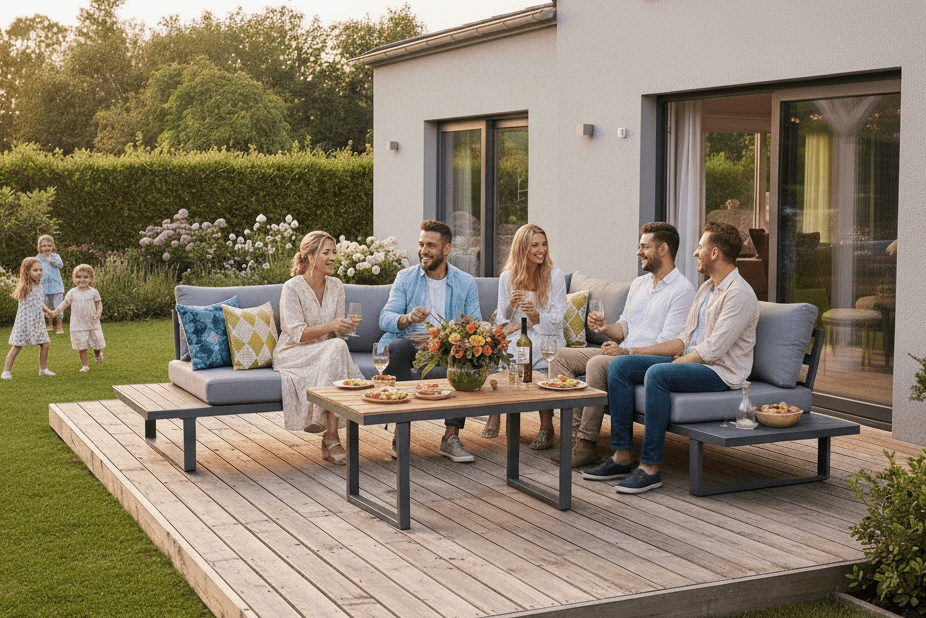 Tuin Loungeset Santorin – Aluminium Hoekbank met in hoogte verstelbare tafel
