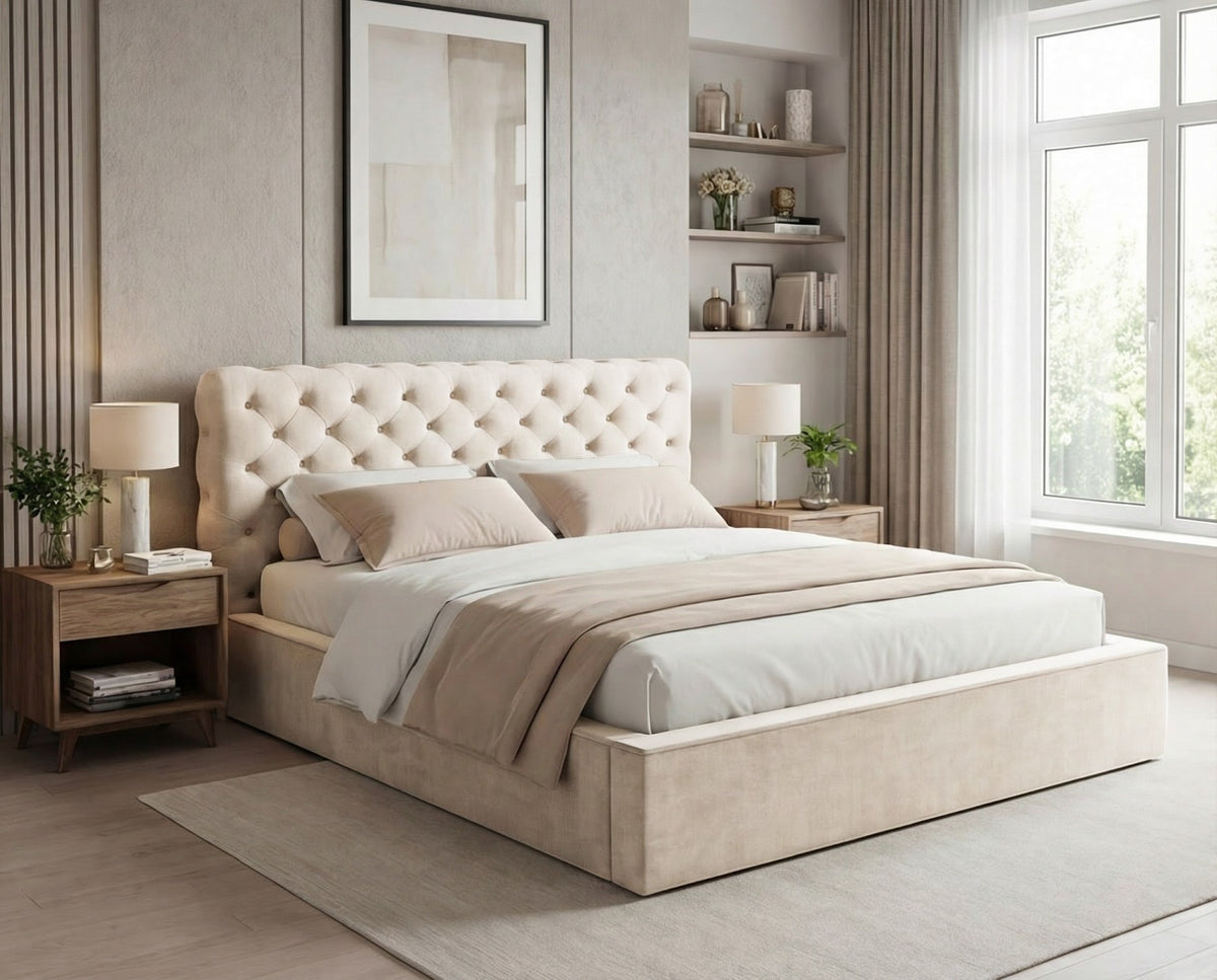 Designer Polsterbett Enzo in Samt mit Stauraum – Beige