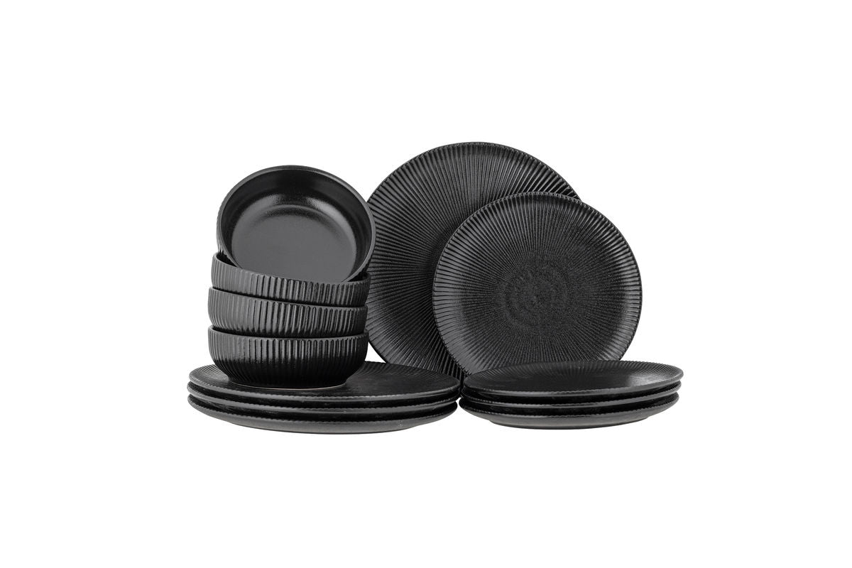 Modern servies Fjoren, Zwart, steengoed (set van 3x4 delen)