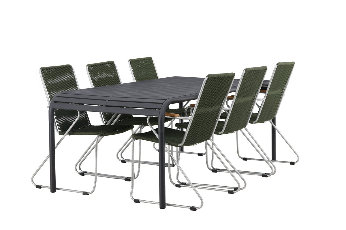 Tuin Eetgroep Bloom – 7-delige tuinmeubelset met groene, stapelbare stoelen