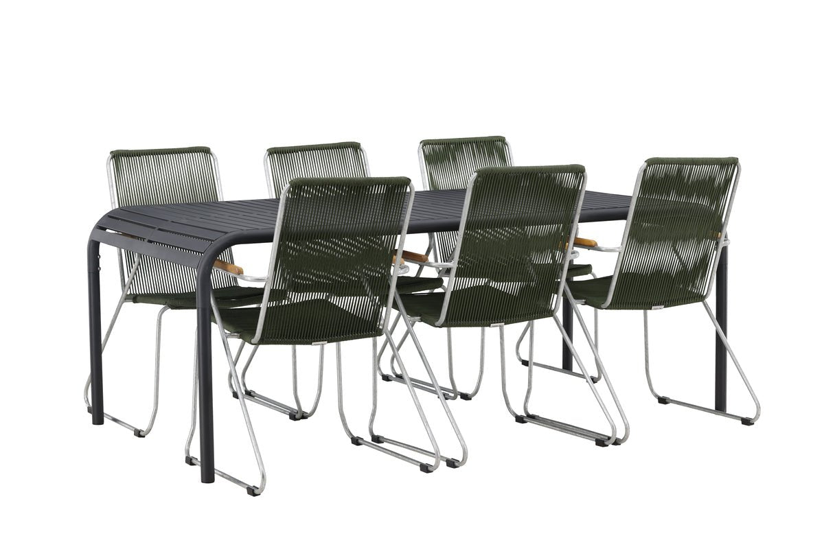 Tuin Eetgroep Bloom – 7-delige tuinmeubelset met groene, stapelbare stoelen