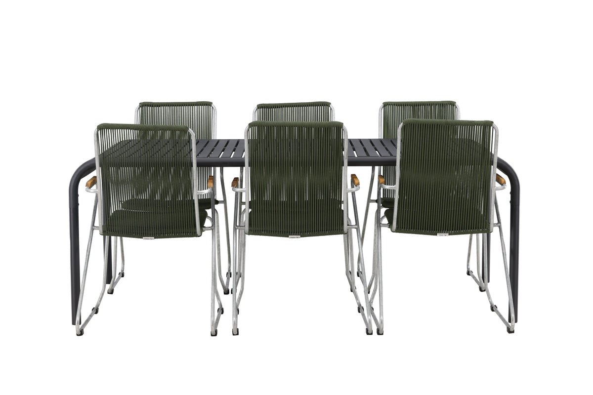 Tuin Eetgroep Bloom – 7-delige tuinmeubelset met groene, stapelbare stoelen