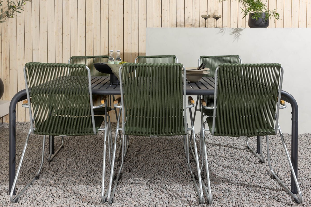 Tuin Eetgroep Bloom – 7-delige tuinmeubelset met groene, stapelbare stoelen