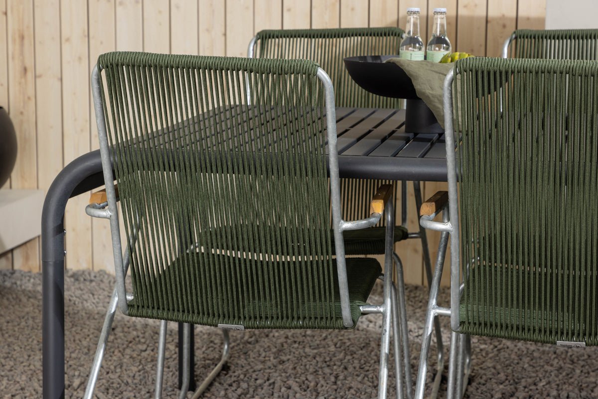 Tuin Eetgroep Bloom – 7-delige tuinmeubelset met groene, stapelbare stoelen