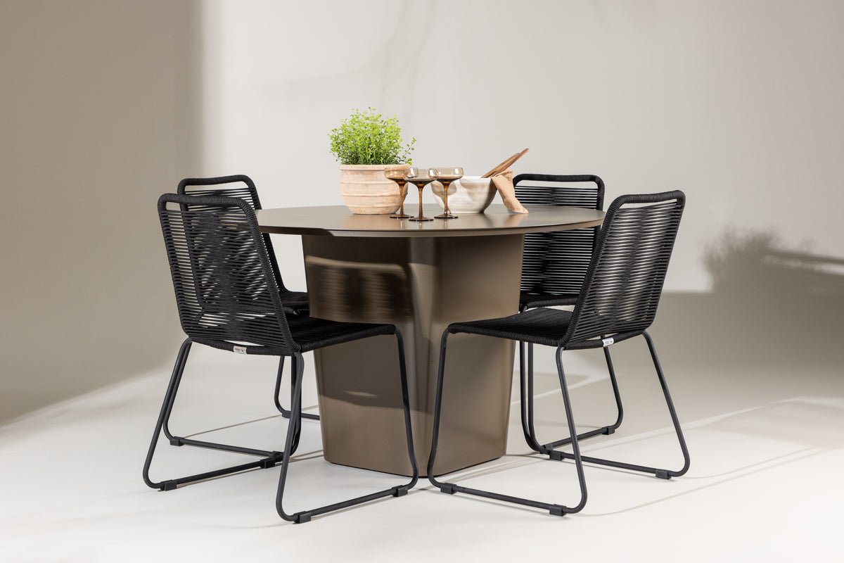 Tuin Eetgroep Aiko – 5-delige tuinmeubelset met bruine ronde tafel