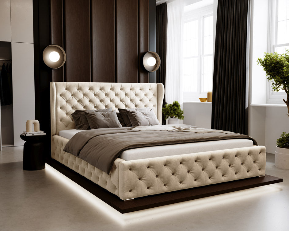 Designer gestoffeerd bed Royal in fluweel met opbergruimte