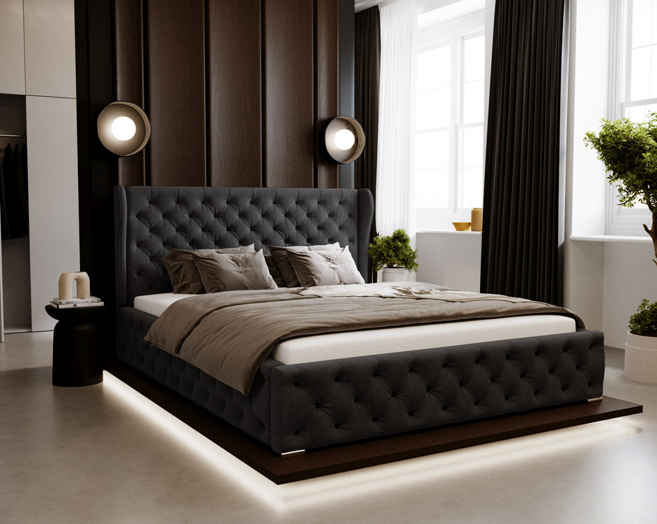 Designer gestoffeerd bed Royal in fluweel met opbergruimte