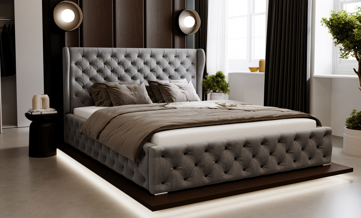 Designer gestoffeerd bed Royal in fluweel met opbergruimte