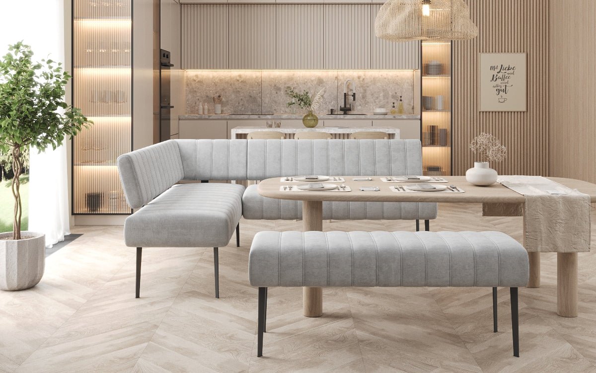 Gestoffeerde eettafelbank Montero van waterafstotend fluweel met metalen poten