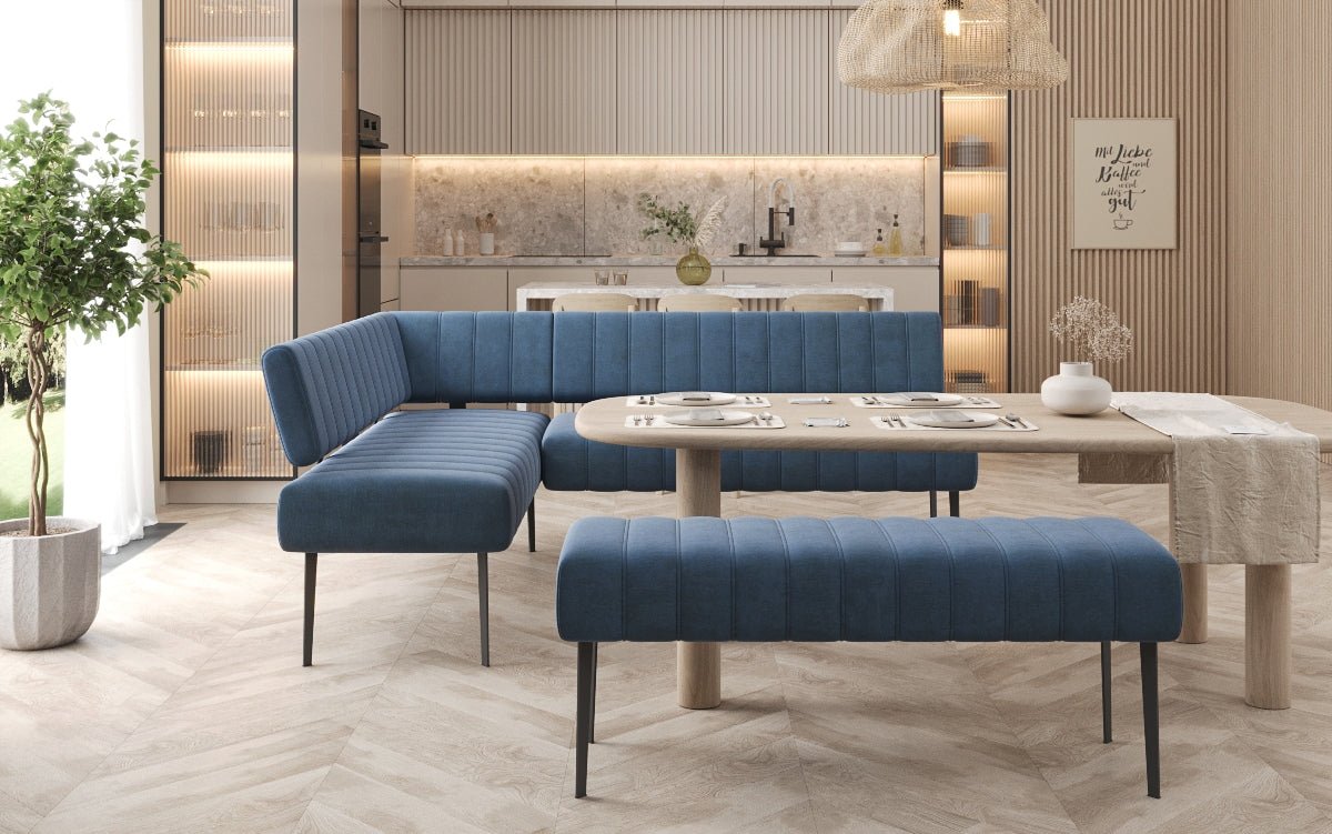 Gestoffeerde eettafelbank Montero van waterafstotend fluweel met metalen poten