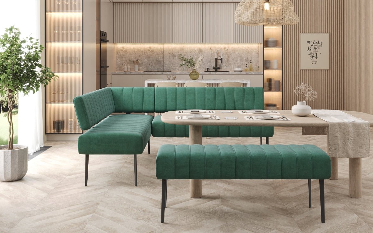 Gestoffeerde eettafelbank Montero van waterafstotend fluweel met metalen poten