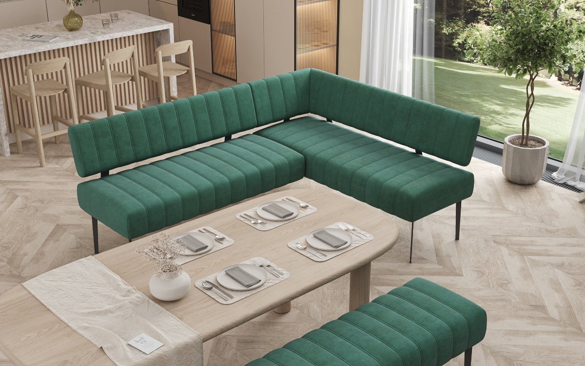 Gestoffeerde eettafelbank Montero van waterafstotend fluweel met metalen poten