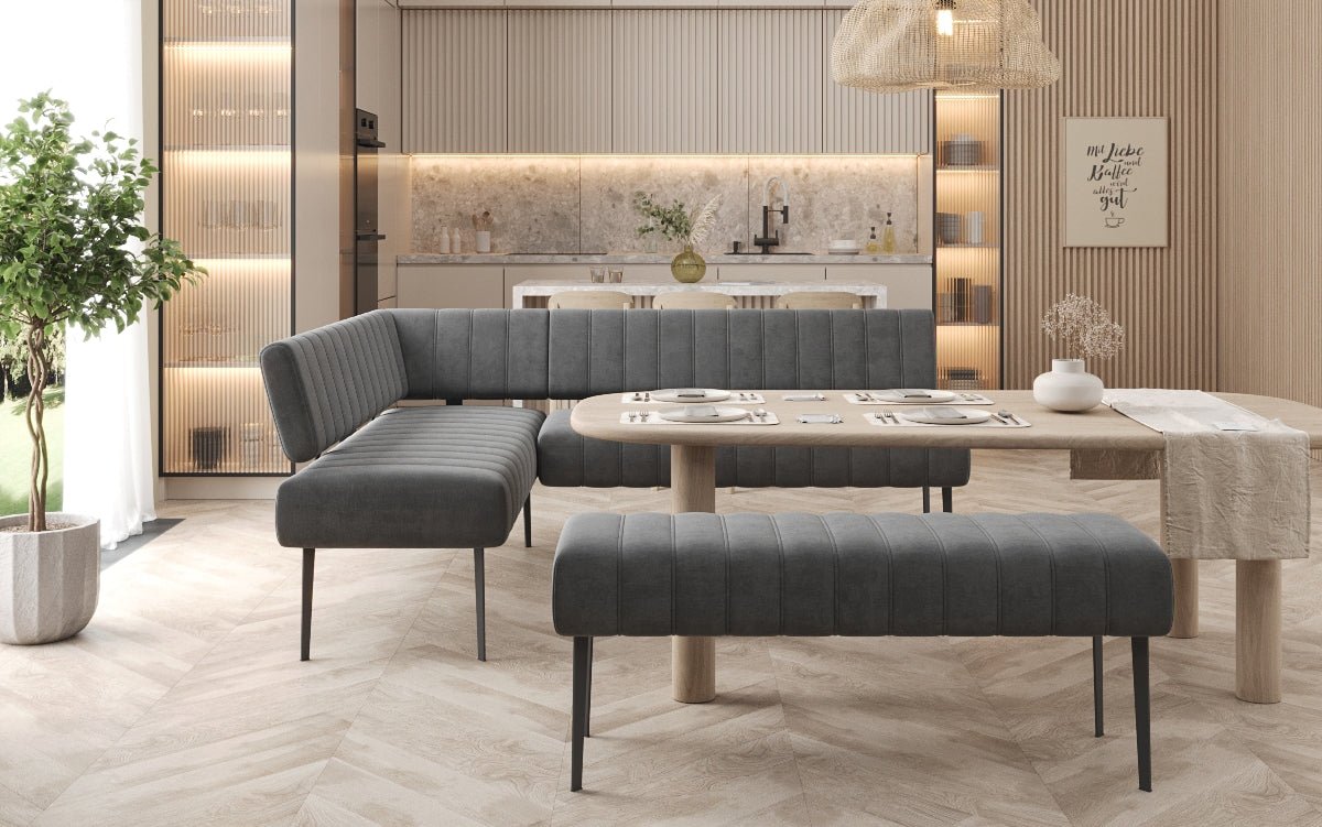 Gestoffeerde eettafelbank Montero van waterafstotend fluweel met metalen poten