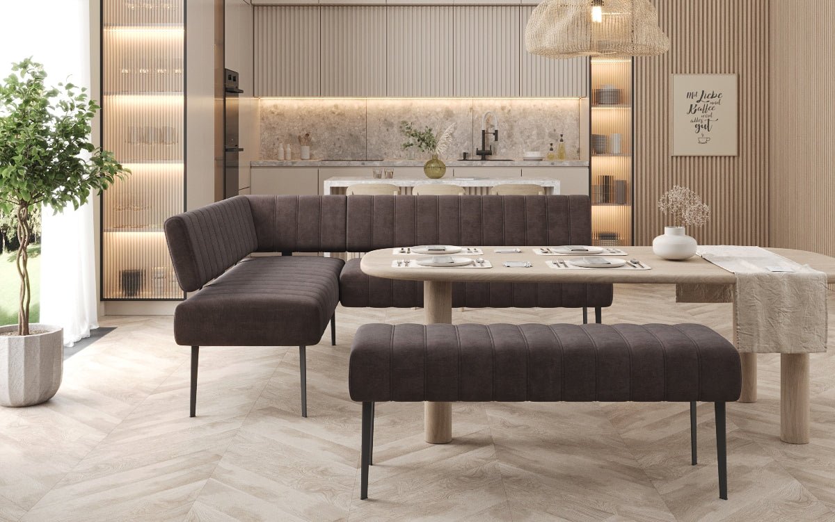 Gestoffeerde eettafelbank Montero van waterafstotend fluweel met metalen poten