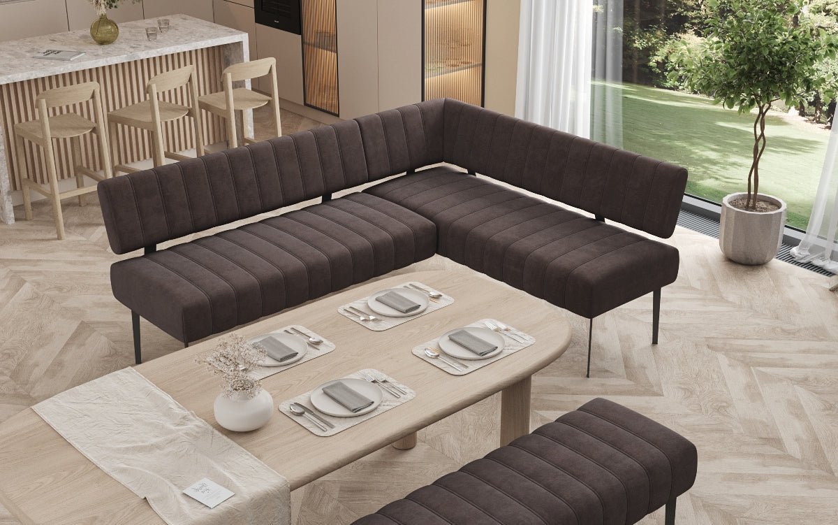 Gestoffeerde eettafelbank Montero van waterafstotend fluweel met metalen poten