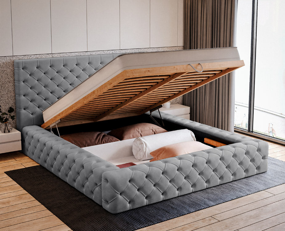 Designer gestoffeerd bed Prestige in fluweel met opbergruimte