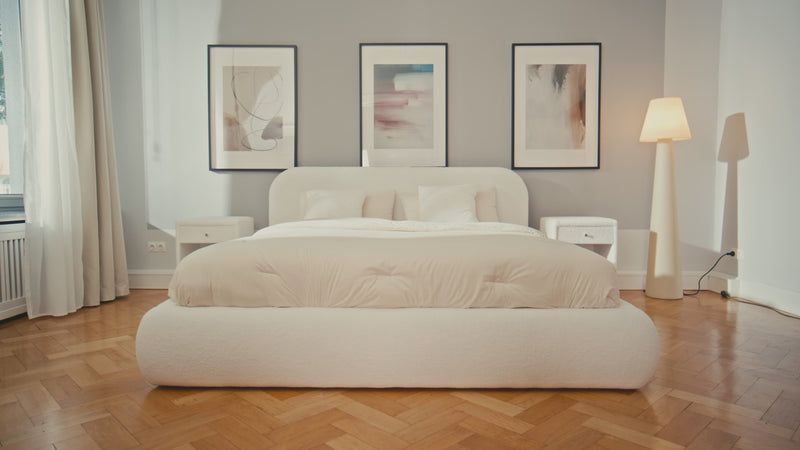Design gestoffeerd bed Luma in Bouclé met opbergruimte