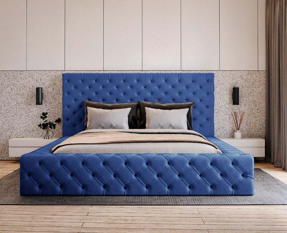 Designer gestoffeerd bed Prestige in fluweel met opbergruimte