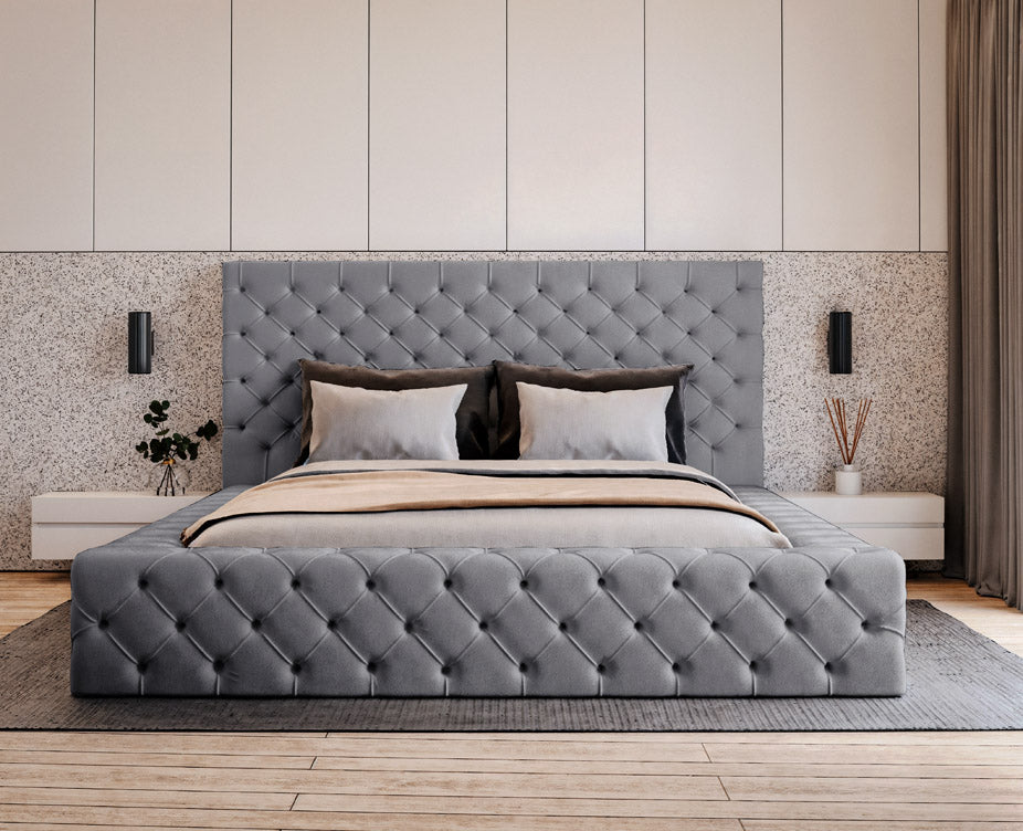 Designer gestoffeerd bed Prestige in fluweel met opbergruimte