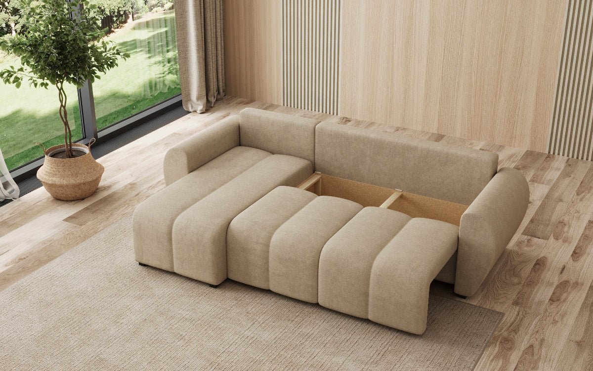Designersofa Sorella L met slaap- en klapfunctie in Stof