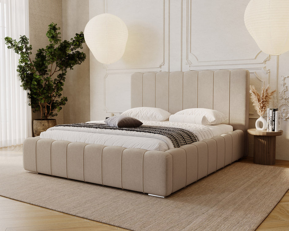 Designer gestoffeerd bed Alvano in fluweel met opbergruimte