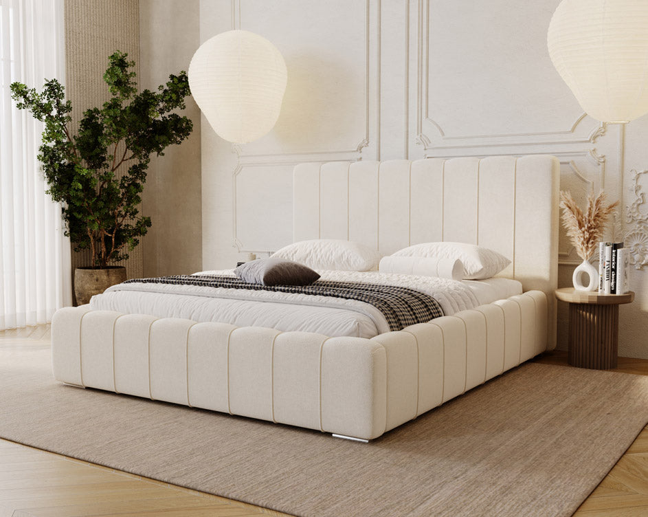 Designer gestoffeerd bed Alvano in fluweel met opbergruimte