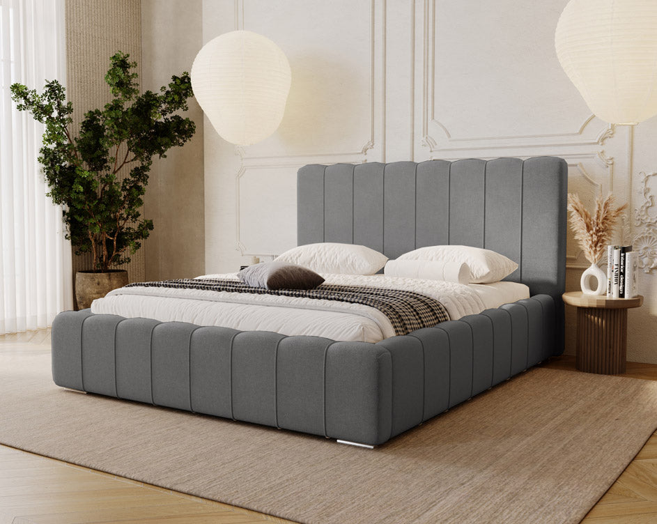 Designer gestoffeerd bed Alvano in fluweel met opbergruimte