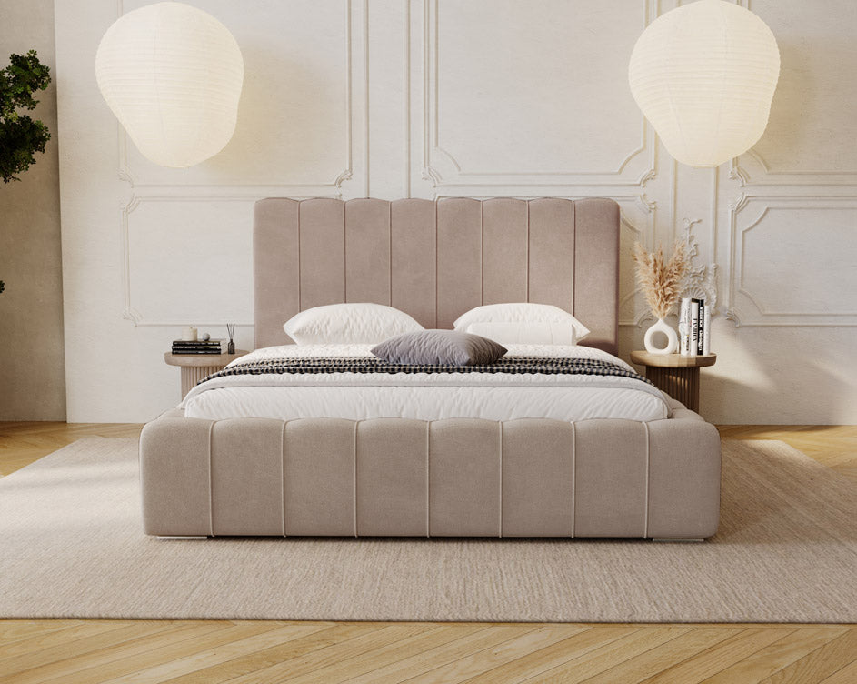 Designer gestoffeerd bed Alvano in fluweel met opbergruimte