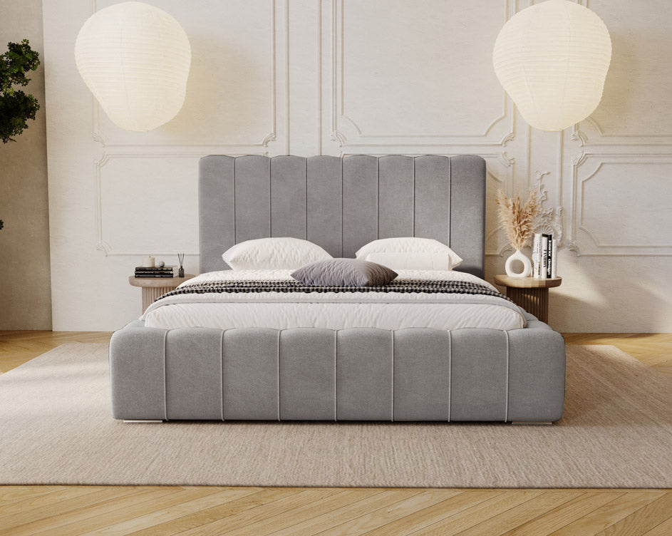 Designer gestoffeerd bed Alvano in fluweel met opbergruimte