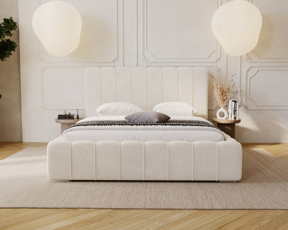 Designer gestoffeerd bed Alvano in fluweel met opbergruimte