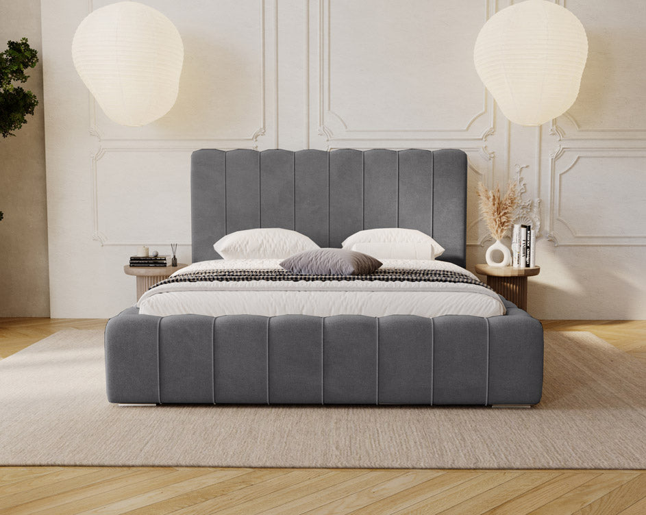 Designer gestoffeerd bed Alvano in fluweel met opbergruimte