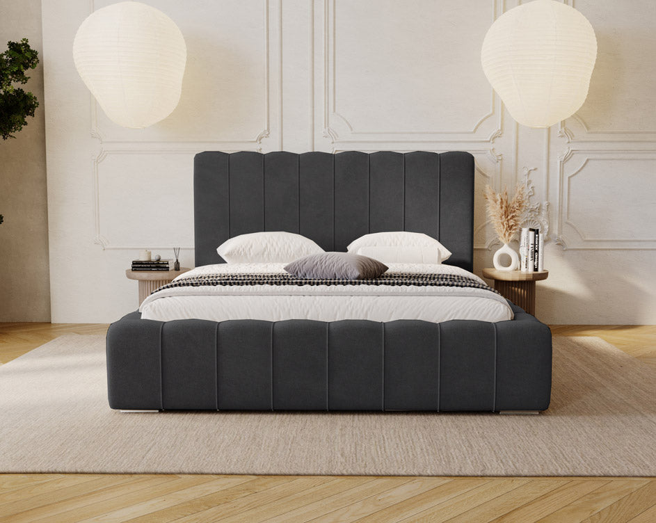 Designer gestoffeerd bed Alvano in fluweel met opbergruimte