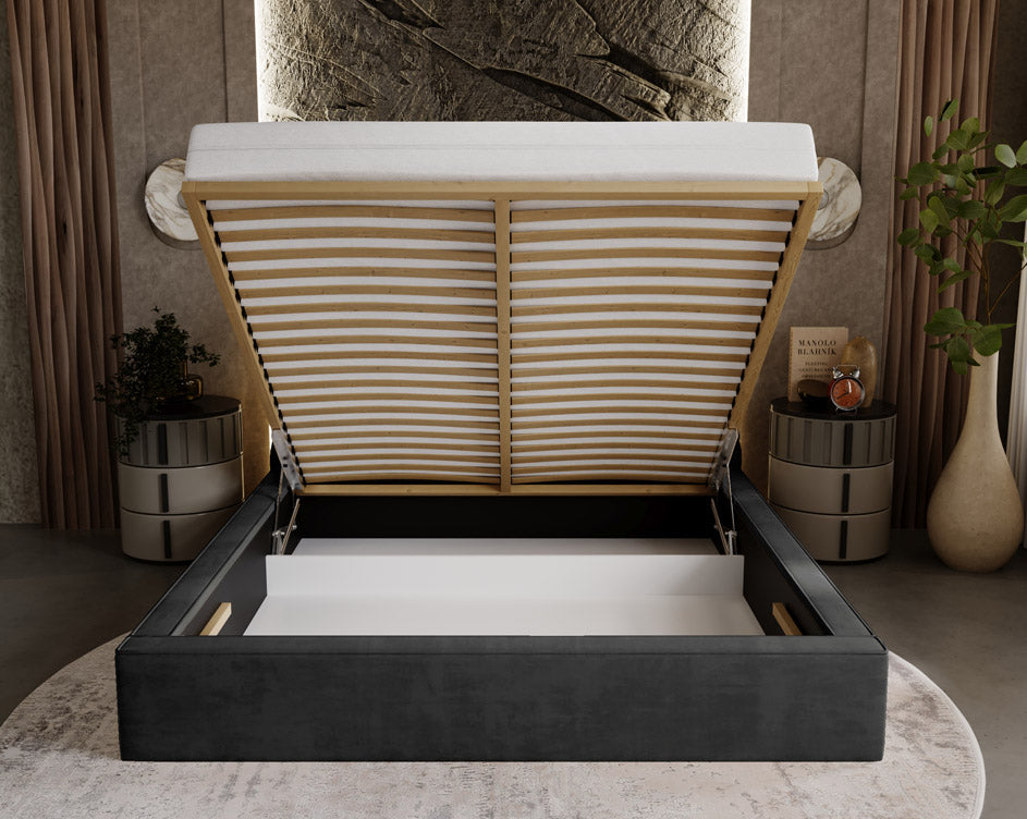 Designer gestoffeerd bed Florentina in fluweel met opbergruimte