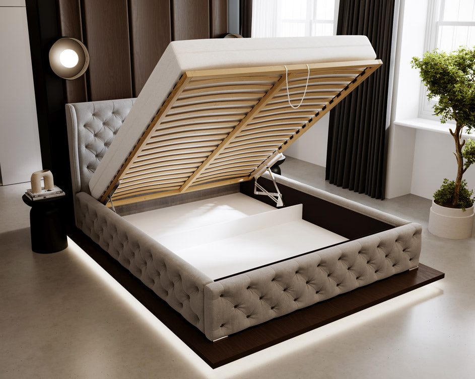 Designer gestoffeerd bed Royal in fluweel met opbergruimte