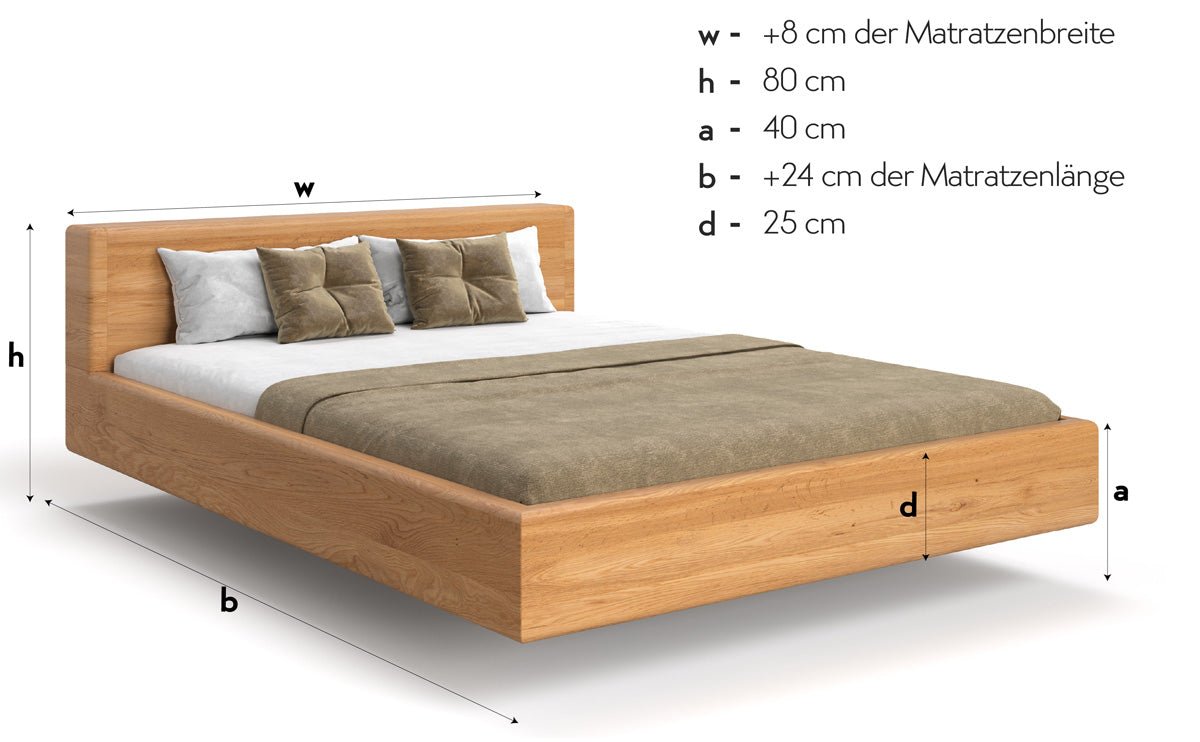 Designers houten bed Arvelo van massief eiken in zwevende look en met rechte hoofdbord